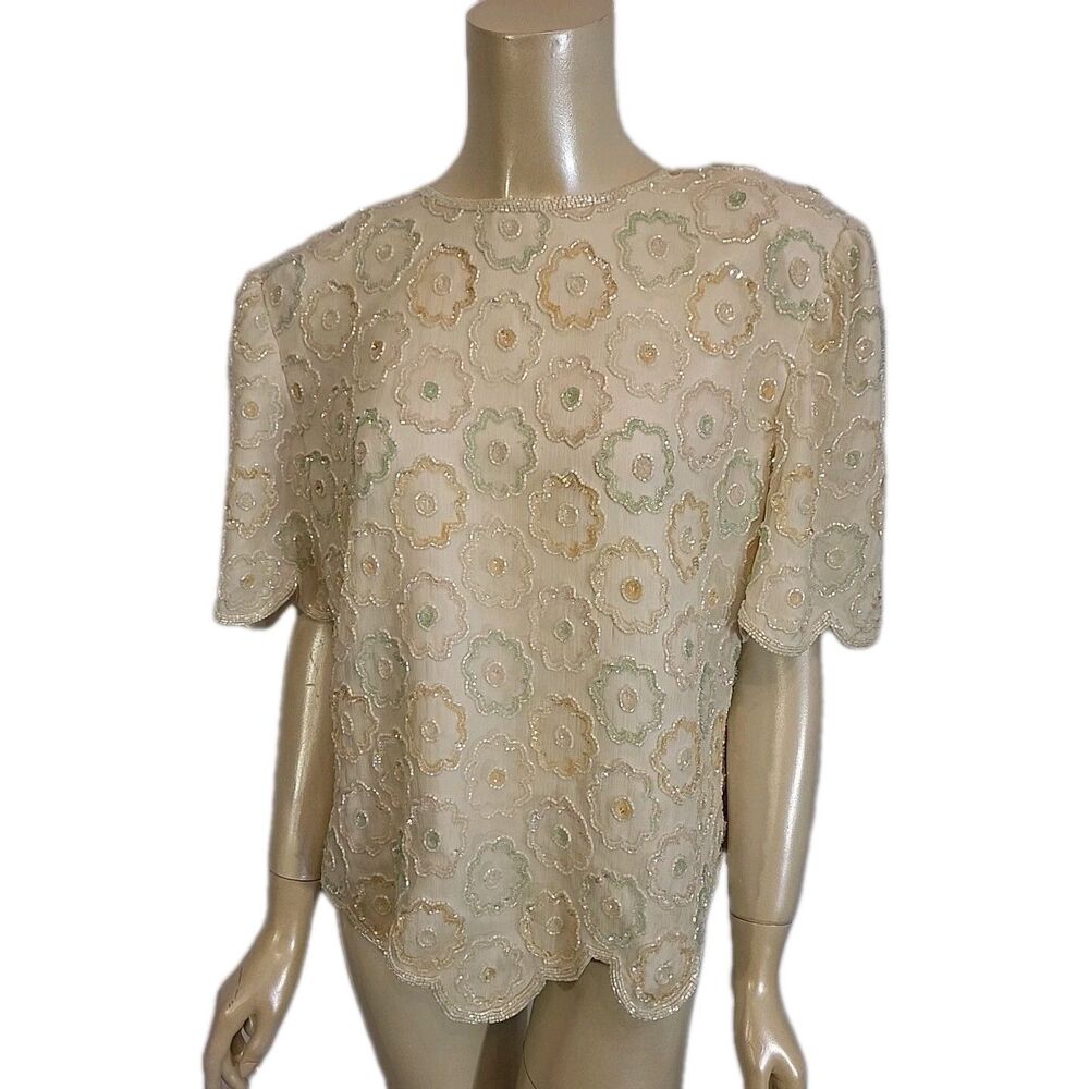 Scala Beaded Sequins Blouse Vintage Size Large Scalloped Edges 100% Silk White